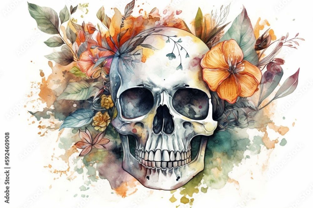 Gemalter Totenkopf mit Blumen und sehr vielen Feinheiten, wie auch Details.  Illustration vom Totenkopf mit Pflanzen als Aquarell - wandbild oder Tattoo - KI generiert. Generative AI - obrazy, fototapety, plakaty 