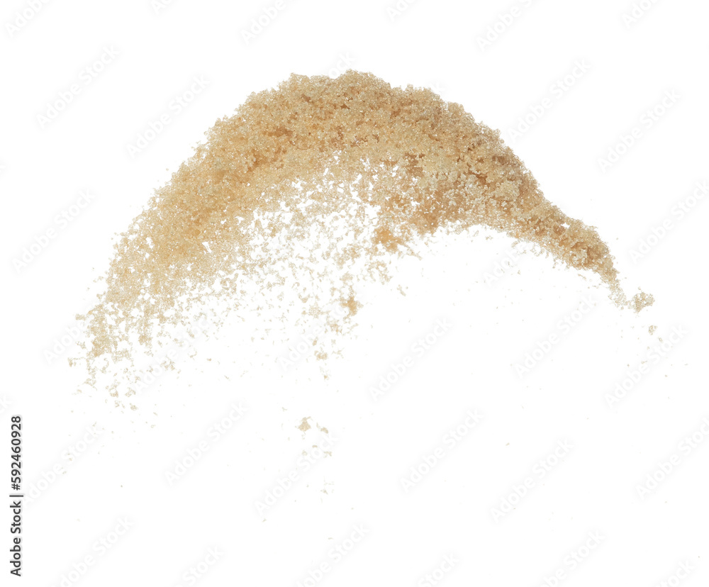 Brown Sugar flying explosion, brown grain sugar explode abstract cloud fly. Beautiful complete seed sugarcane splash in air, food object design. Selective focus freeze shot white background isolated