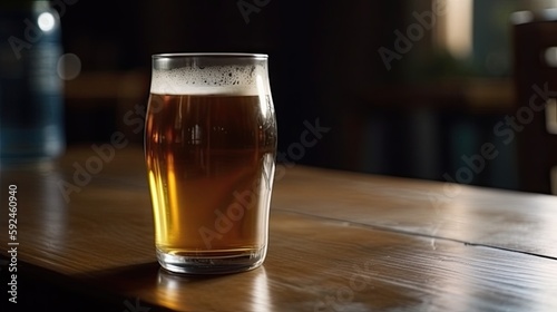 Glass of beer on a table in a bar Generative AI