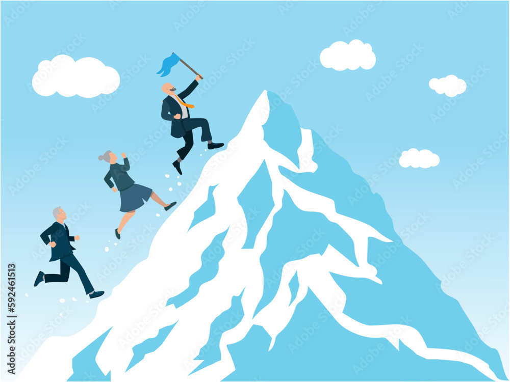 illustration montrant des hommes des femmes d'affaire montant au sommet d'une montagne pour y planter un drapeau. Concept de compétition, de travail d'équipe pour atteindre un objectif