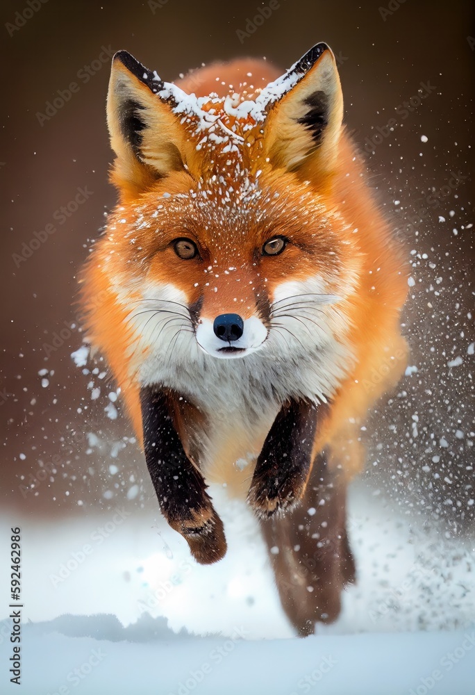 Fototapeta premium Fox leaping through snow. Generative AI