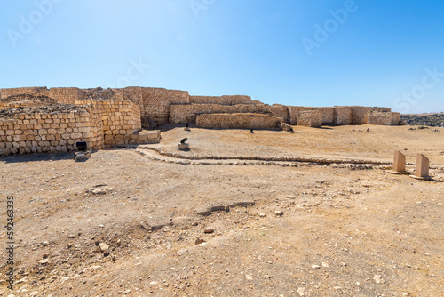 The ruins of the ancient 3rd Century BC fortified port city of Sumhuram, an import harbor for frankincense trade, at Khor Rori, or Khawr Rawri lagoon in the Dhofar region of the country of Oman. 