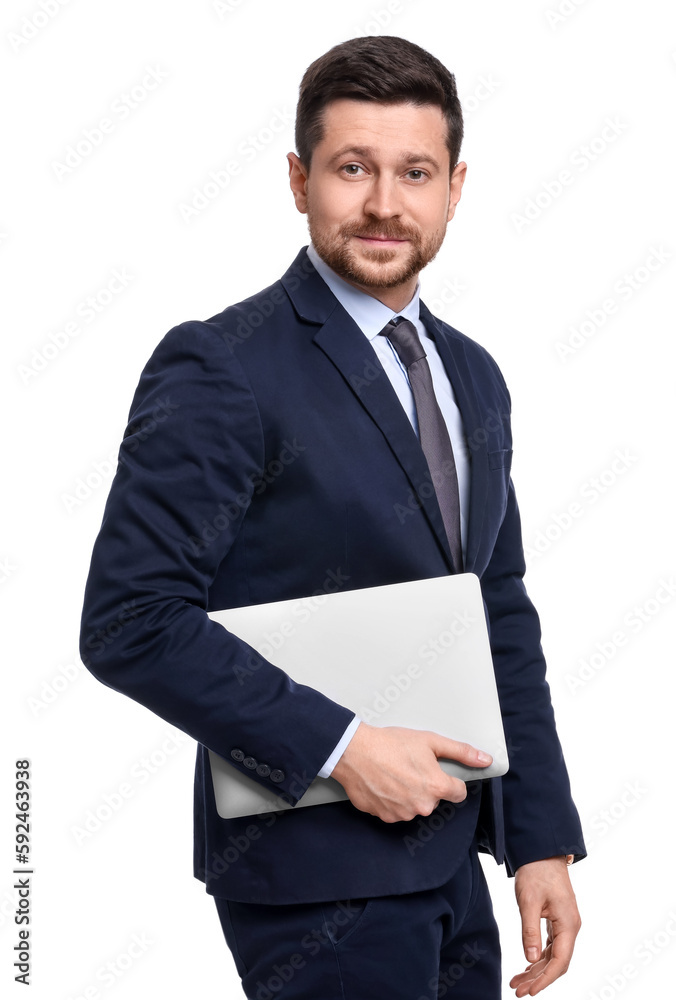 Handsome bearded businessman in suit with laptop on white background Handsome bearded businessman in suit with laptop on white background