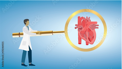 Man, doctor, researcher, surgeon taking a good look at heart with big magnifying glass. Dimension 16:9. Vector illustration.
