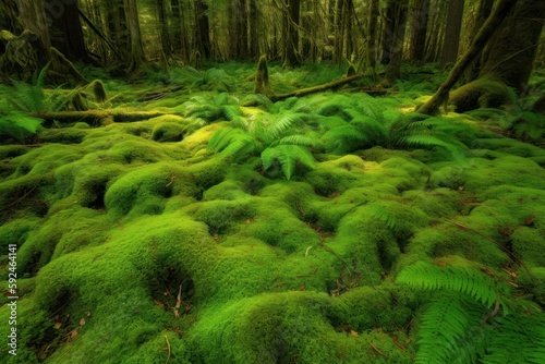 Forest floor is blanketed in a lush carpet of green ferns and moss. Generative AI