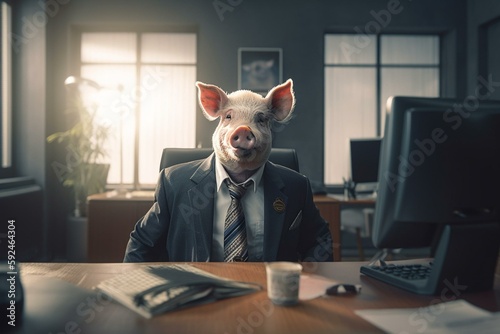 An Odd Sight A Pig in a Business Suit Wandering Through an Office. Generative AI