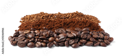 Beans, instant and ground coffee on white background