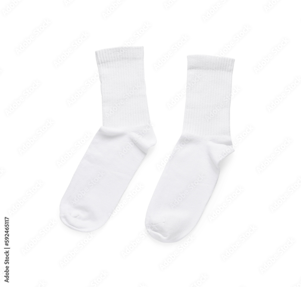 Pair of stylish clean socks isolated on white, top view Pair of stylish clean socks isolated on white, top view