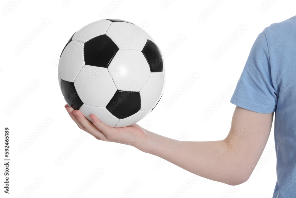 Boy with soccer ball on white background, closeup