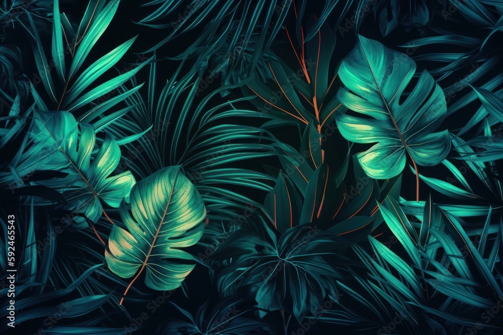 neon background with tropical leaves neon background with tropical leaves