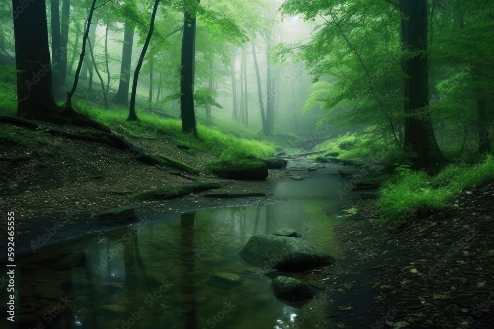 Serene silence of the forest allows for introspection and inner peace. Generative AI