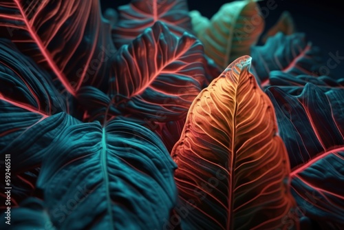 neon background with tropical leaves