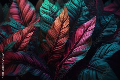 neon background with tropical leaves © Stasie