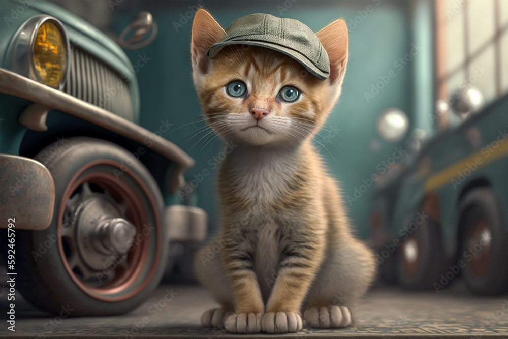 Cute cartoon kitten with cap curiously looking at viewer in the garage ...