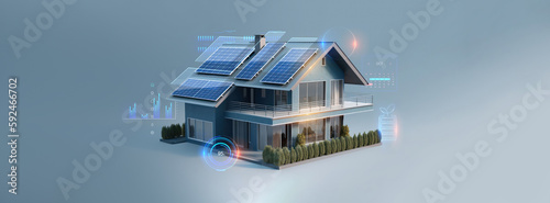 futuristic generic smart home with solar panels rooftop system for renewable energy concepts as wide banner with copyspace area - Generative AI photo