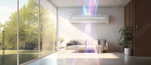 generic air conditioner purifier or AC controller split unit mockup with modern bright Livingroom background - Generative AI