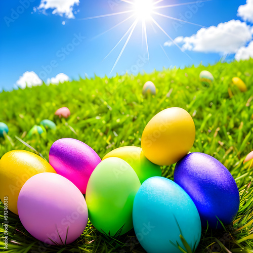 Decorated Easter eggs on green grass against a blue sunny sky. Generative AI.