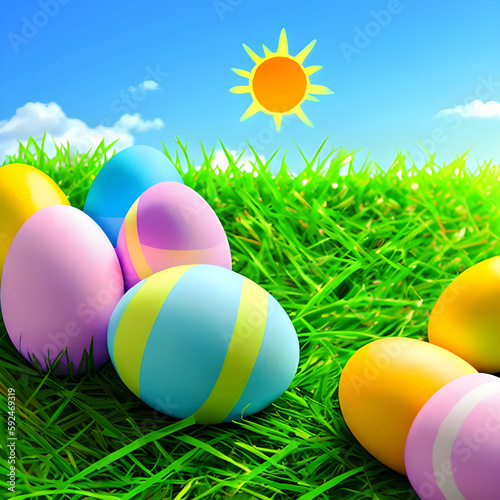 Beautiful Easter eggs on green grass against a blue sunny sky. Generative AI.