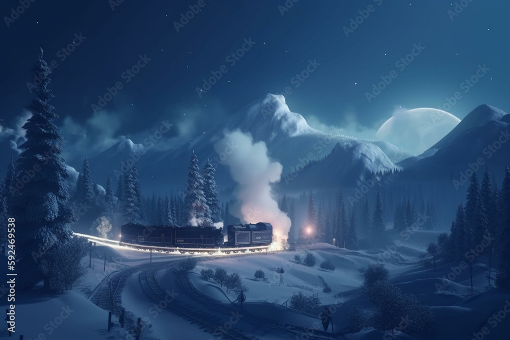 Night fantasy snowy mountain landscape with train. Night polar express train. Cold night landscape, smoke, smog, fog on the railroad. New year 2022 .3d illustration. Generative AI