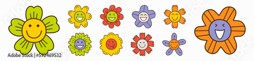 Smiling flower, abstract personage, mascot design, funny face, cute icon. photo