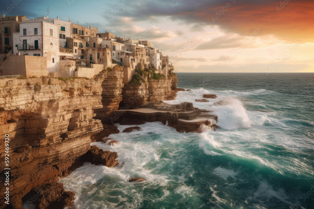 Obraz premium Spectacular spring cityscape of Polignano a Mare town, Puglia region, Italy, Europe. Colorful evening seascape of Adriatic sea. Traveling concept background, Generative AI, Generativ, KI, 