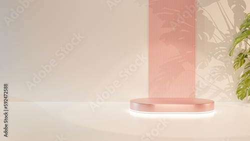 Pink metal empty podium or pedestal for product presentation whith plants. Mockup platform on white background. Rose gold. 3d rendering