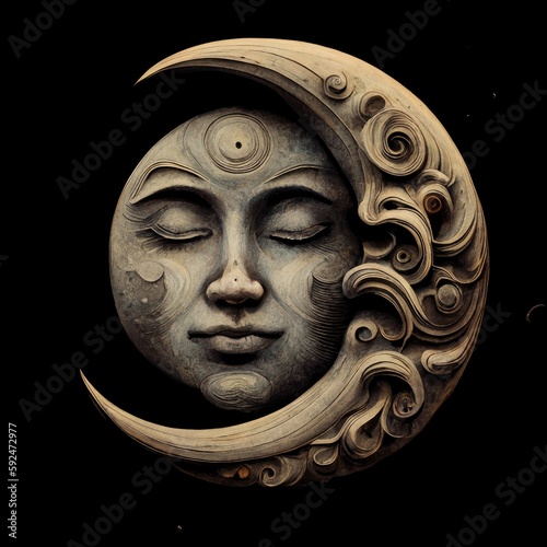 Crescent Moon with Face, Carved, Mystical, Ancient Astrology, Generative AI