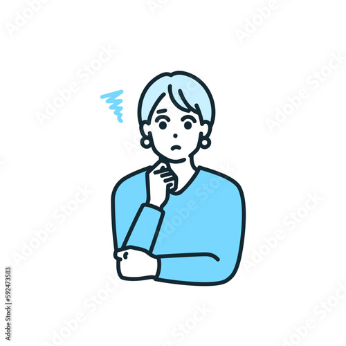 顎に手を置く女性。困っている表情。何か考え込んでいるビジネスパーソンのイラスト。