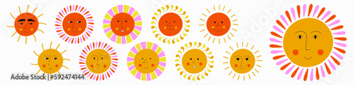Smiling sun, abstract personage, mascot design, funny face, cute icon. photo
