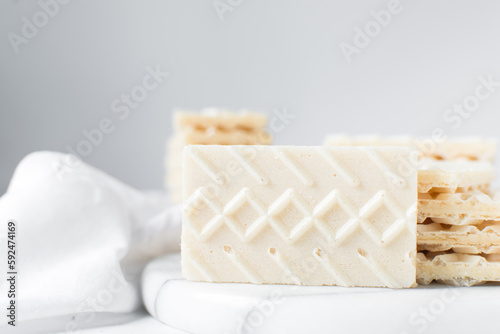 Vanilla wafers on a marble plate, wafer cookies filled with vanilla cream