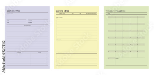 3 set of meeting notes and project calendar planner. Business organizer page. Paper sheet. Realistic vector illustration.