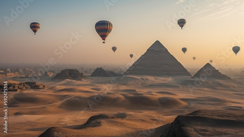 Colorful Hot Air Balloons Above The Egyptian Pyramids in Giza, Egypt - Generative AI.