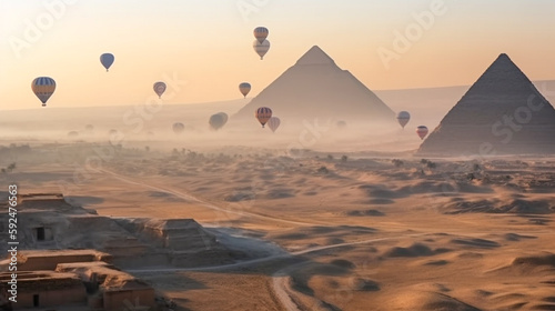 Colorful Hot Air Balloons Above The Egyptian Pyramids in Giza  Egypt - Generative AI.