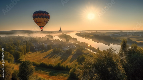 Colorful Hot Air Balloon Above Loire Valley in France - Generative AI. photo