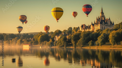 Colorful Hot Air Balloon Above Loire Valley in France - Generative AI. photo