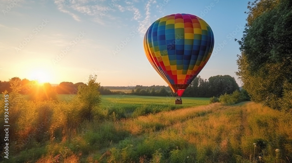 Colorful Hot Air Balloon On A Beautiful Summer Morning - Generative AI.