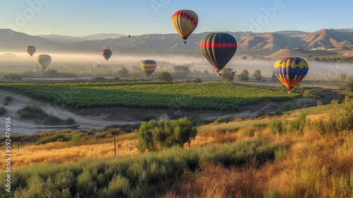 Several Colorful Hot Air Balloons Drifting Above Temecula Valley, California - Generative AI.