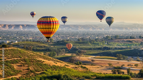Several Colorful Hot Air Balloons Drifting Above Temecula Valley, California - Generative AI.