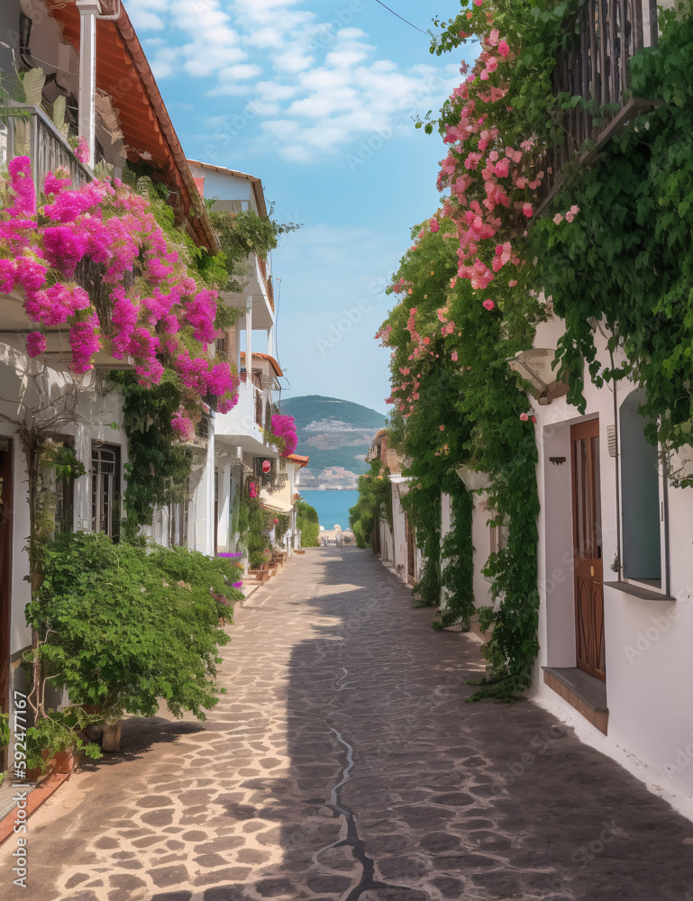Fototapeta premium Street with Flower Vines Leading to Sea, Coastal Scenery Style - Charming and Picturesque Village