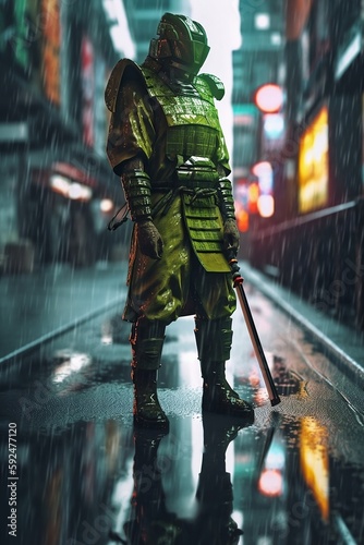 A majestic samurai in shiny green cyberpunk techwear