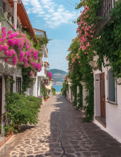 Street with Flower Vines Leading to Sea, Coastal Scenery Style - Charming and Picturesque Village