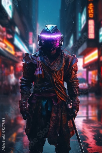 A majestic samurai in shiny neon cyberpunk techwear
