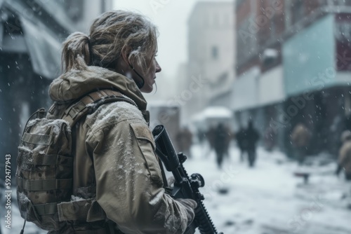 Female soldier standing in city devastated by war © DYNAMO VISUALS