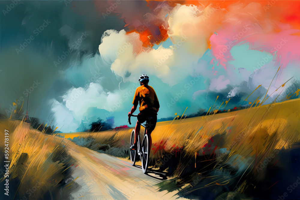 Obraz premium Cyclist riding bicycle at sunset through the fields, AI generative illustration
