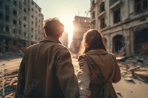 Aftermath of war, reconciliation and healing. Couple holding hands in a war devastated city.