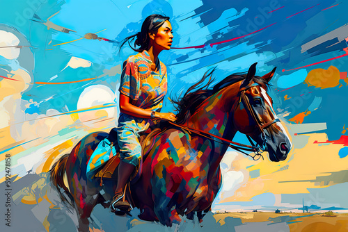 Young native american woman riding a horse, female tribal rider on sunset, AI generative