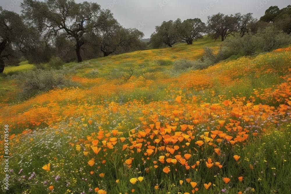 Fields of tree plants surrounded by California Poppies and African Daisies. Generative AI