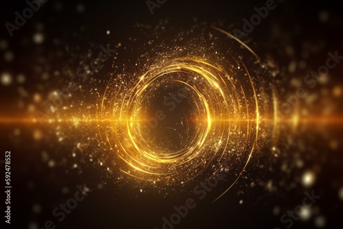 Abstract yellow gold energy lines and cyclic circles with magic bokeh from particles, abstract background. Generative AI