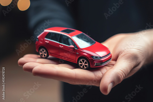 A person holds in hand a scaled model of red hatchback car. Concept of buying a dream car. Generative ai