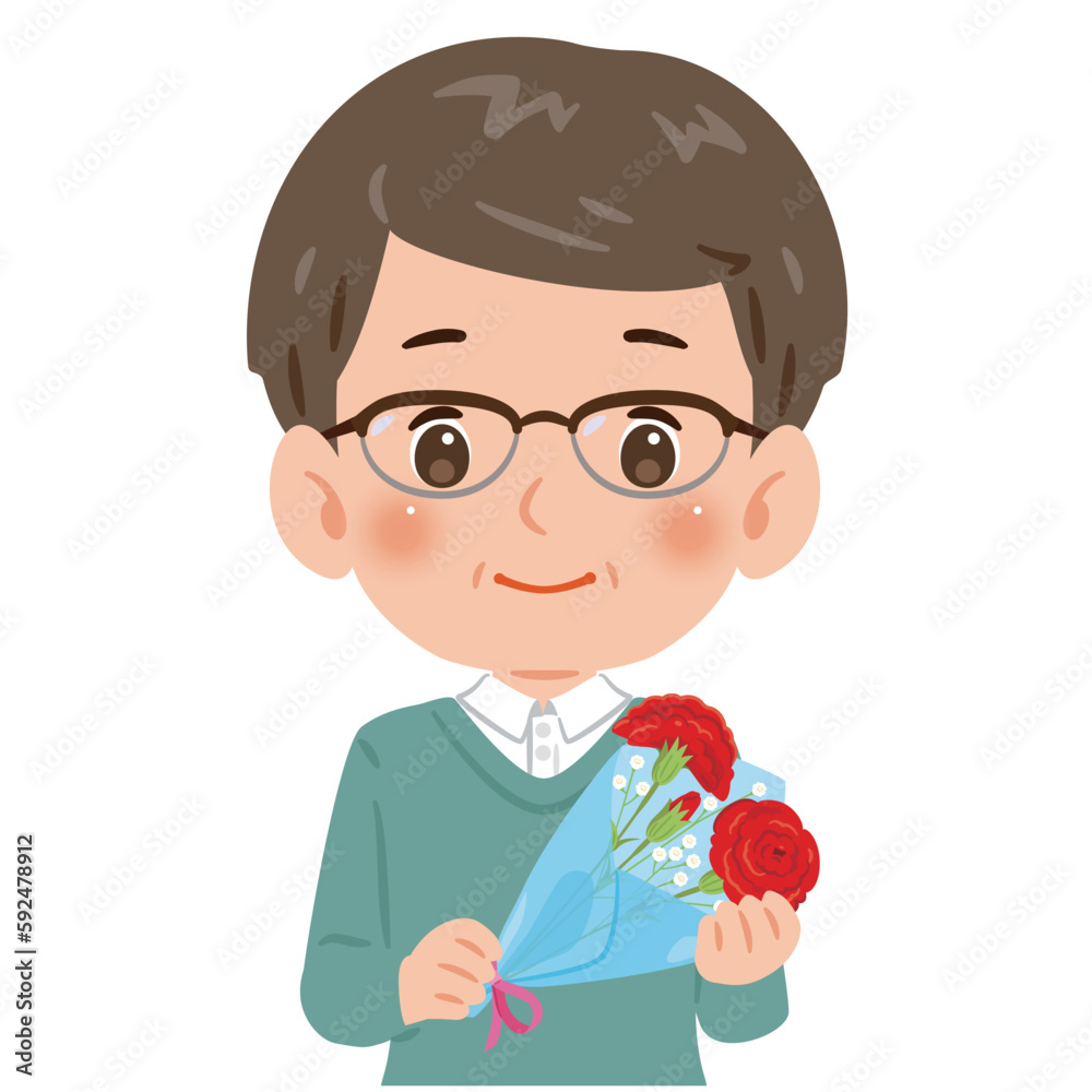 赤いカーネーションの花束を持った中年男性 赤いカーネーションの花束を持った中年男性